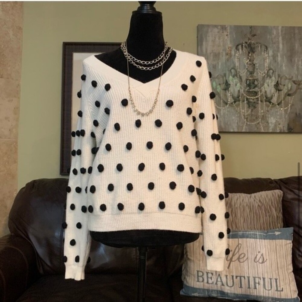 NWOT Long Sleeve Ivory/Black PomPom V-Neck Sweater S